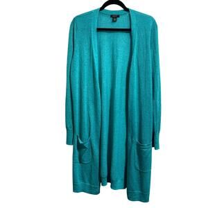 Halogen Teal Linen Blend Open Front Cardigan Long Sleeve Women's Sz Medium